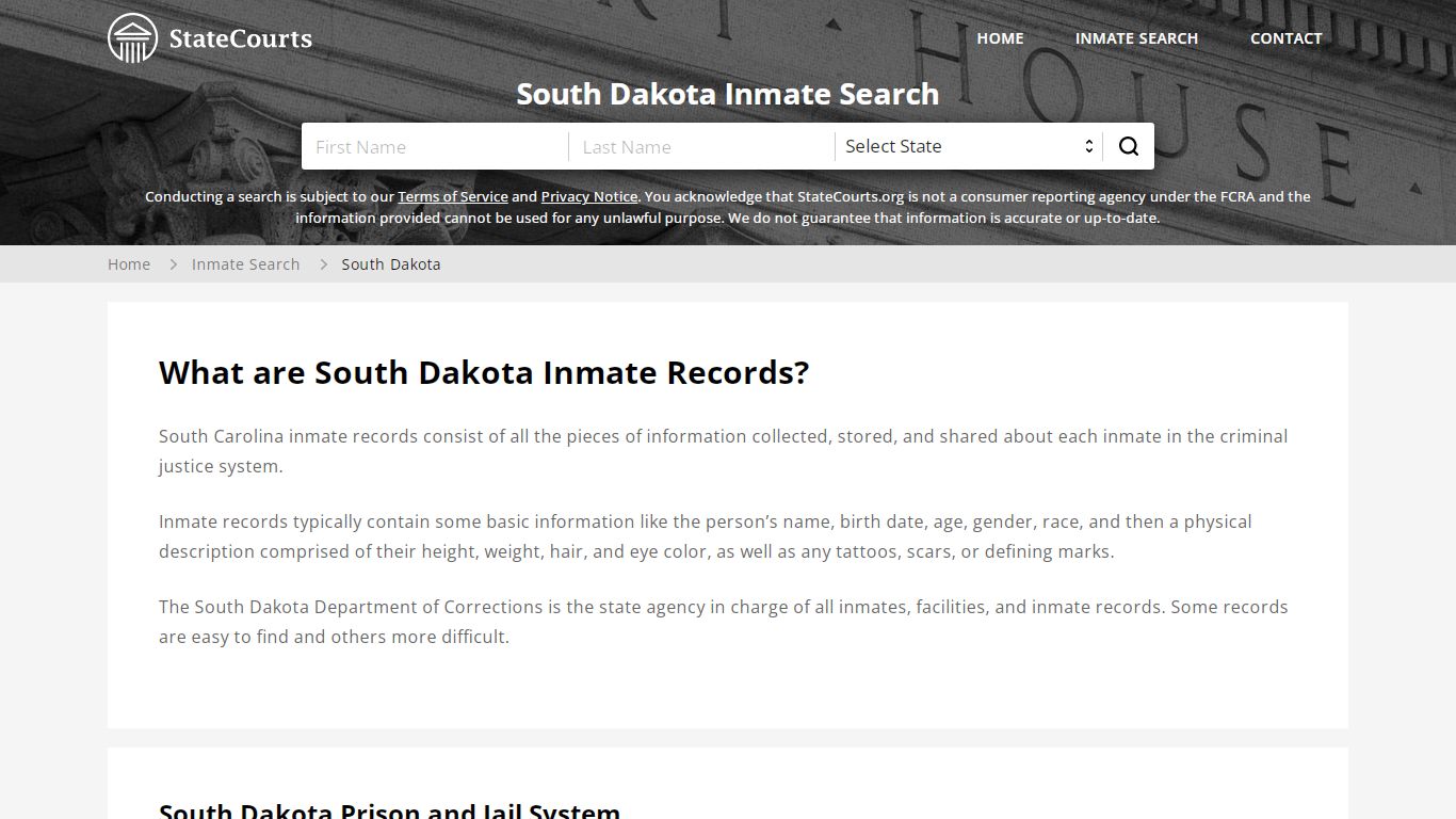 South Dakota Inmate Search, Prison and Jail Information - StateCourts